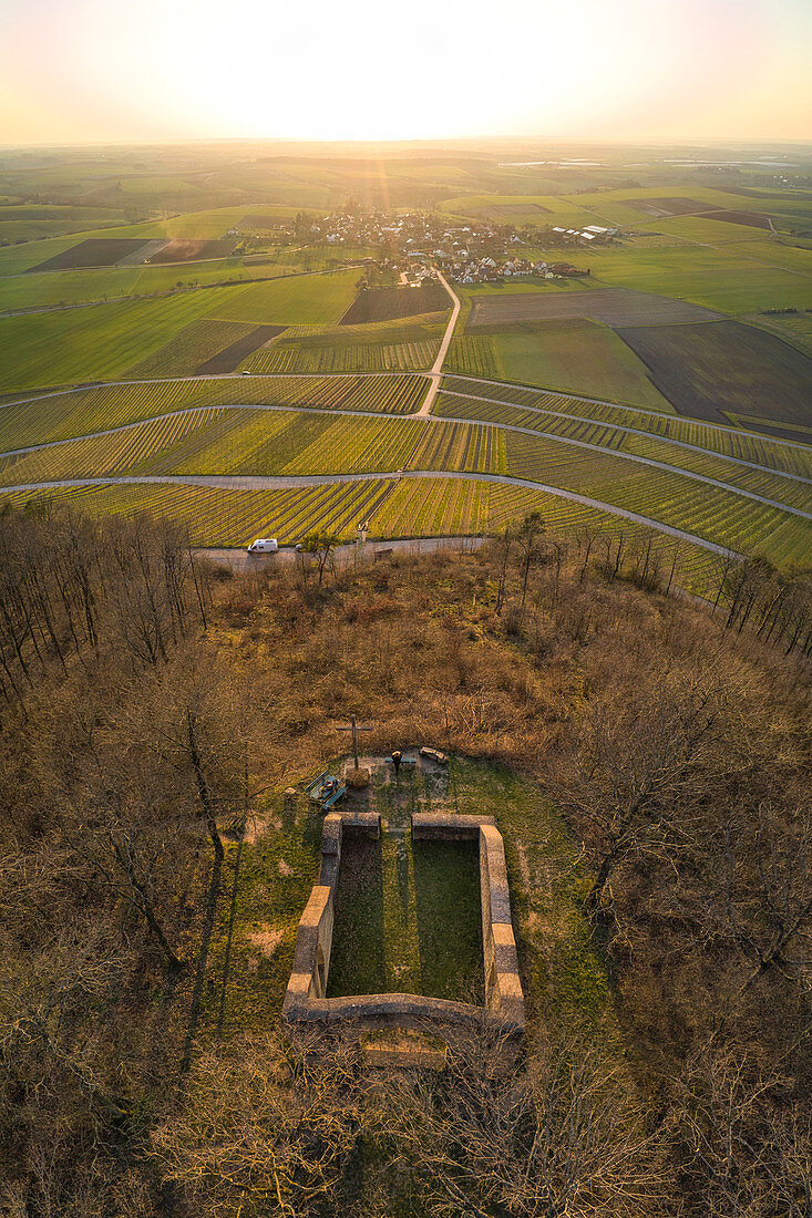 Aerial view of the Kunigunden chapel in the Franken wine paradise, Bullenheim, Neustadt an der Aisch, Middle Franconia, Franconia, Bavaria, Germany, Europe