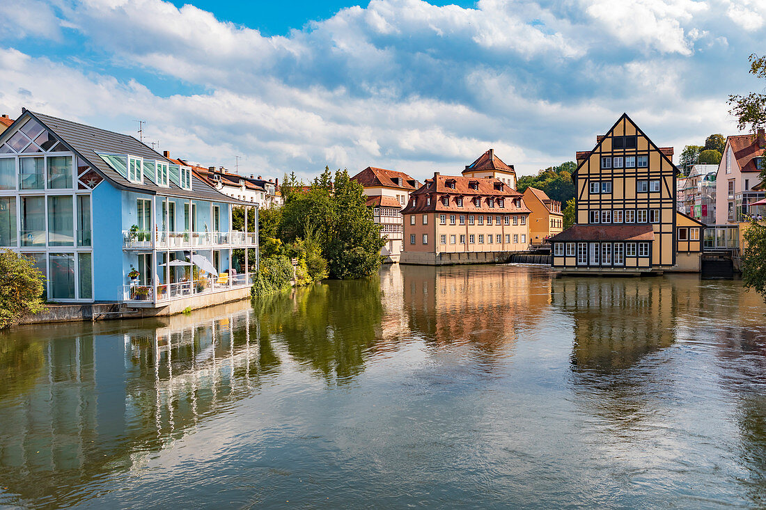 Regnitz and Obere Mühlbrücke in the old town of Bamberg, Bavaria, Germany