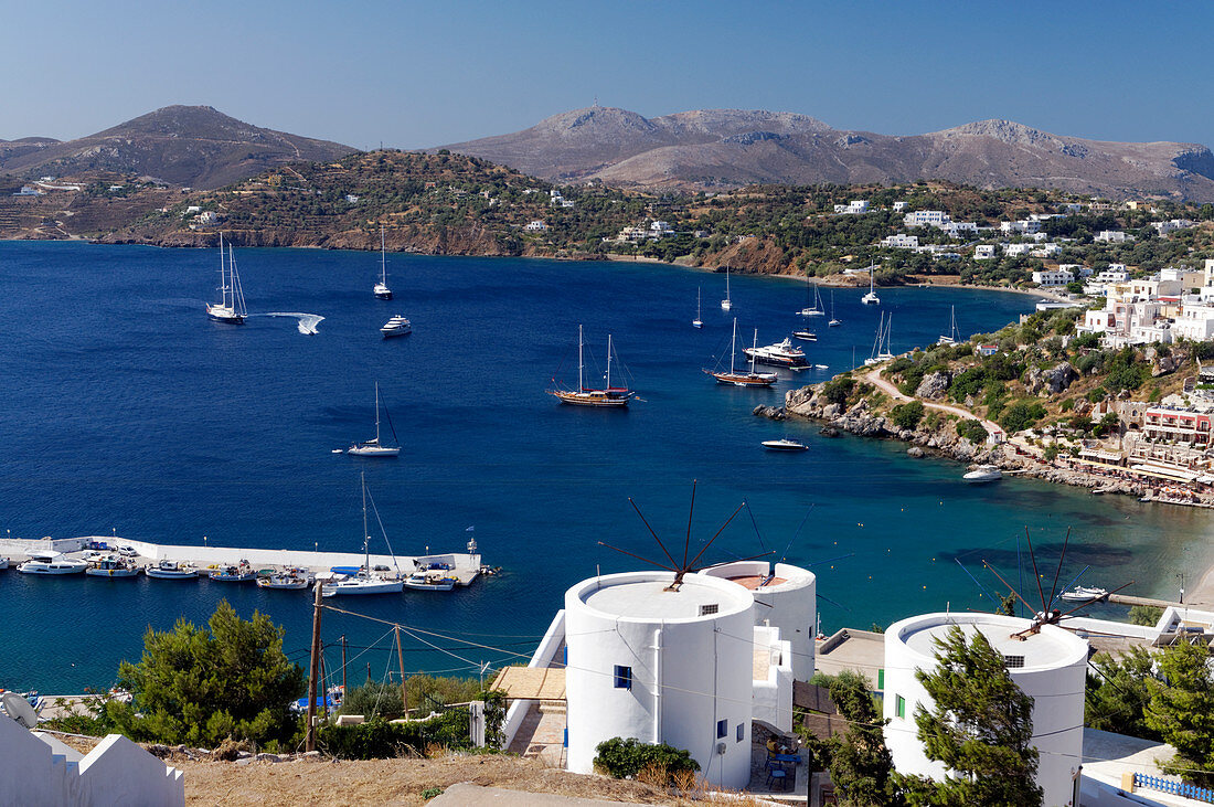 View of Panteli and Leros Island from hillside, Leros, Dodecanese Islands, Greece.  