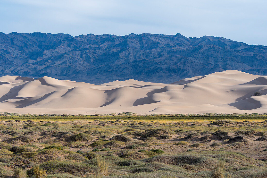 Blick auf die Sanddünen von Hongoryn Els in der Wüste Gobi in der Südmongolei
