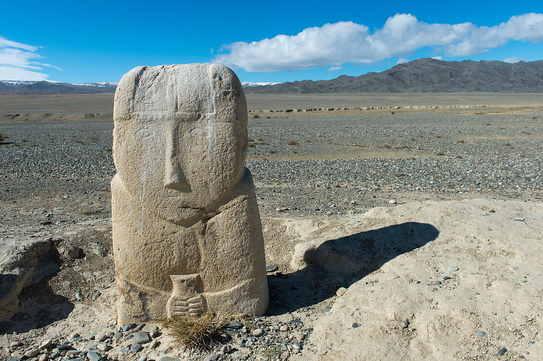 A 7th century Turkik monument standing in the barren landscape of the Sagsai Valley in the Altai Mountains near the city of Ulgii (Ölgii) in the Bayan-Ulgii Province in western Mongolia.