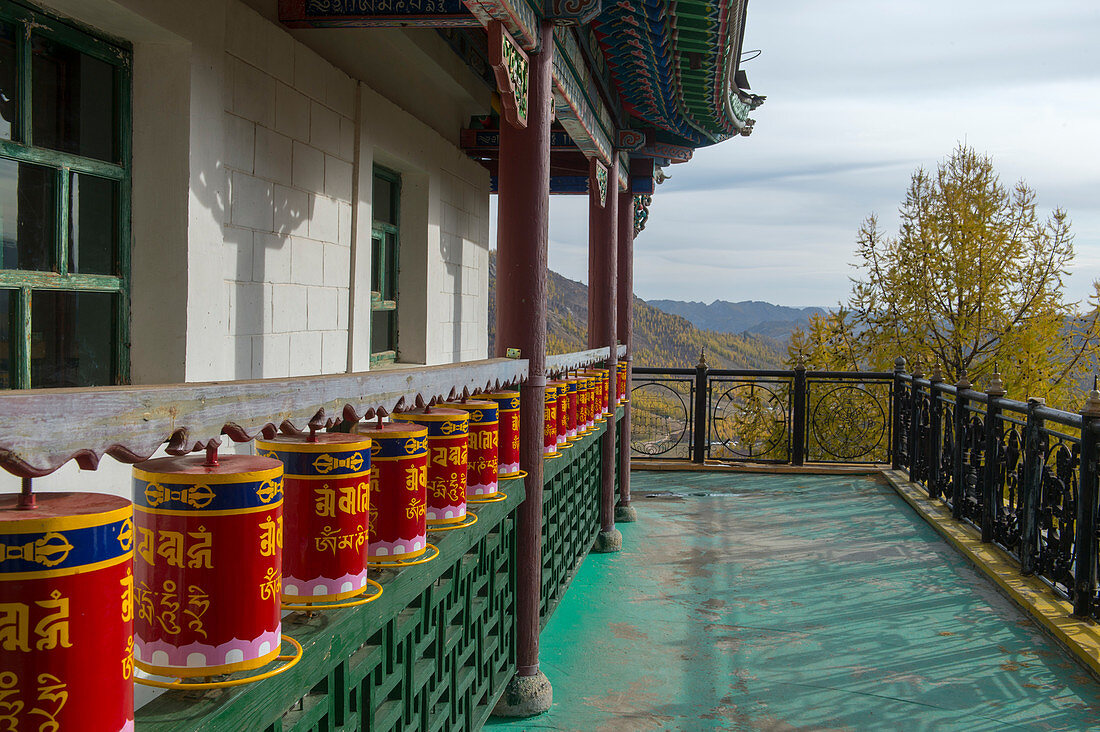 Prayer wheels on the outside of the Ariyabal Meditation temple in Gorkhi Terelj National Park which is 60 km from Ulaanbaatar, Mongolia.