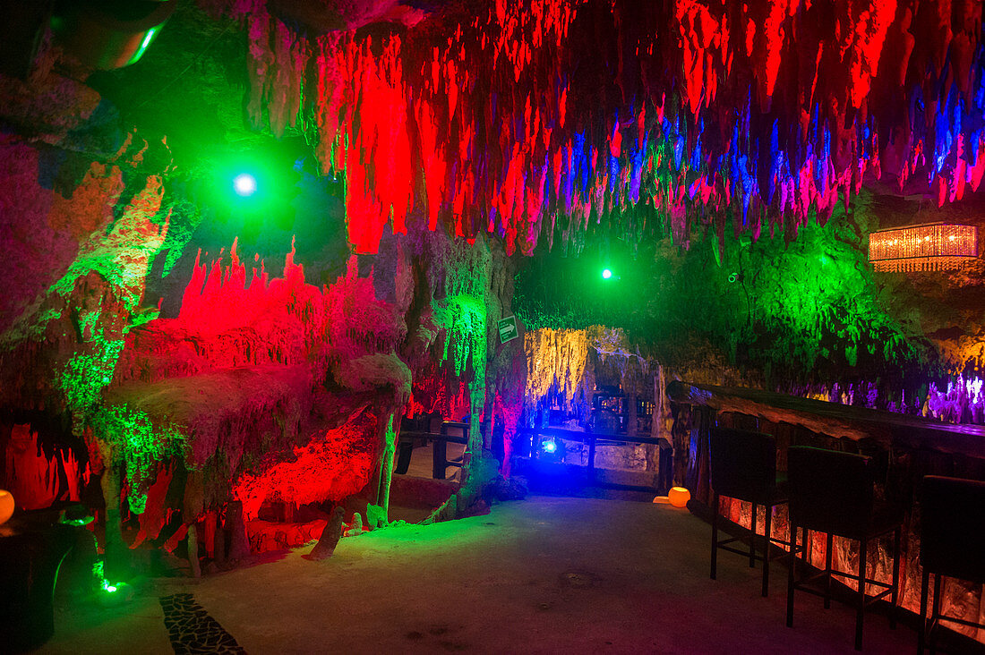 The colorful Alux Restaurant, a Cavern Restaurant, in Playa del Carmen near Cancun along the east coast of the Yucatán Peninsula on the Caribbean Sea in the state of Quintana Roo, Mexico.