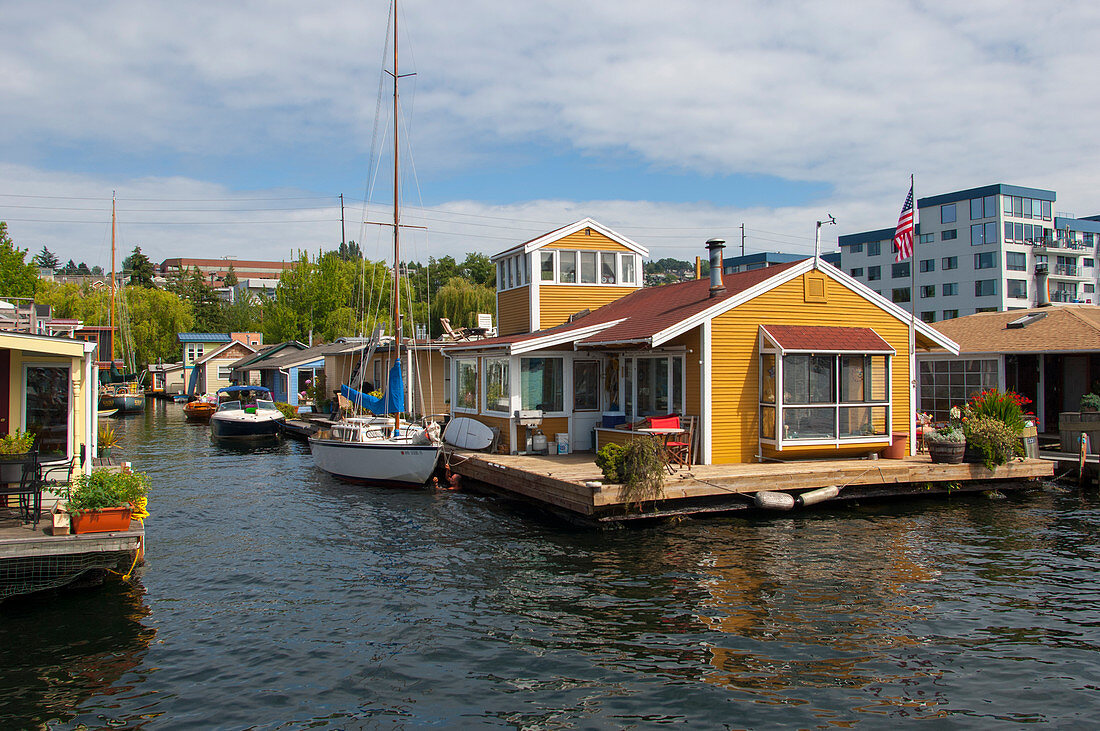 Hausboote auf Lake Union in Seattle, Bundesstaat Washington, USA