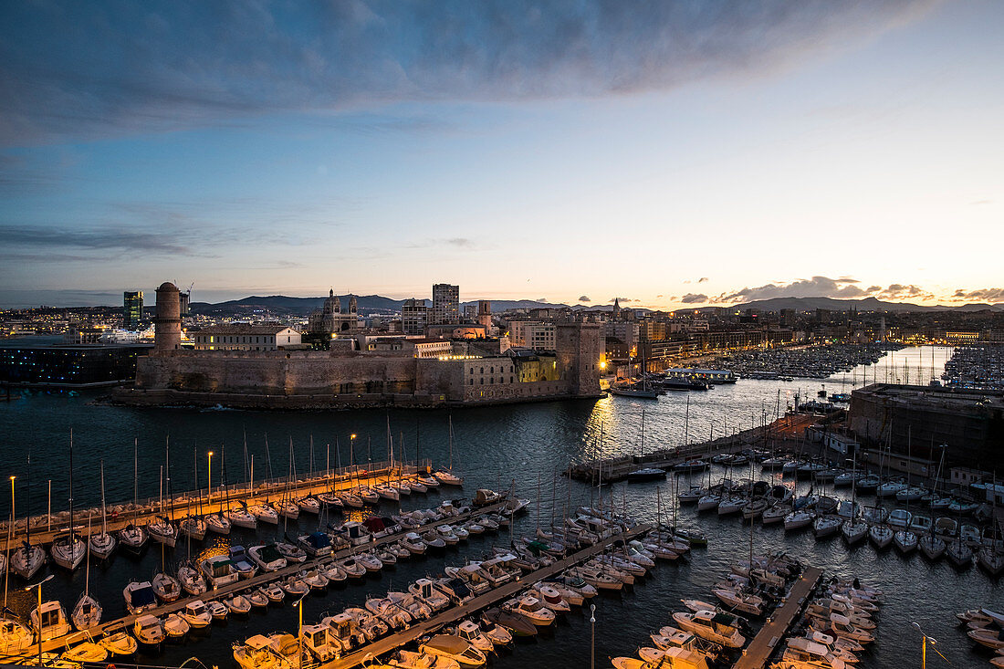 View of Fort St Jean from Fort St Nicolas, the Vieux Port, Marseille, Cote d'Azur, France, Europe