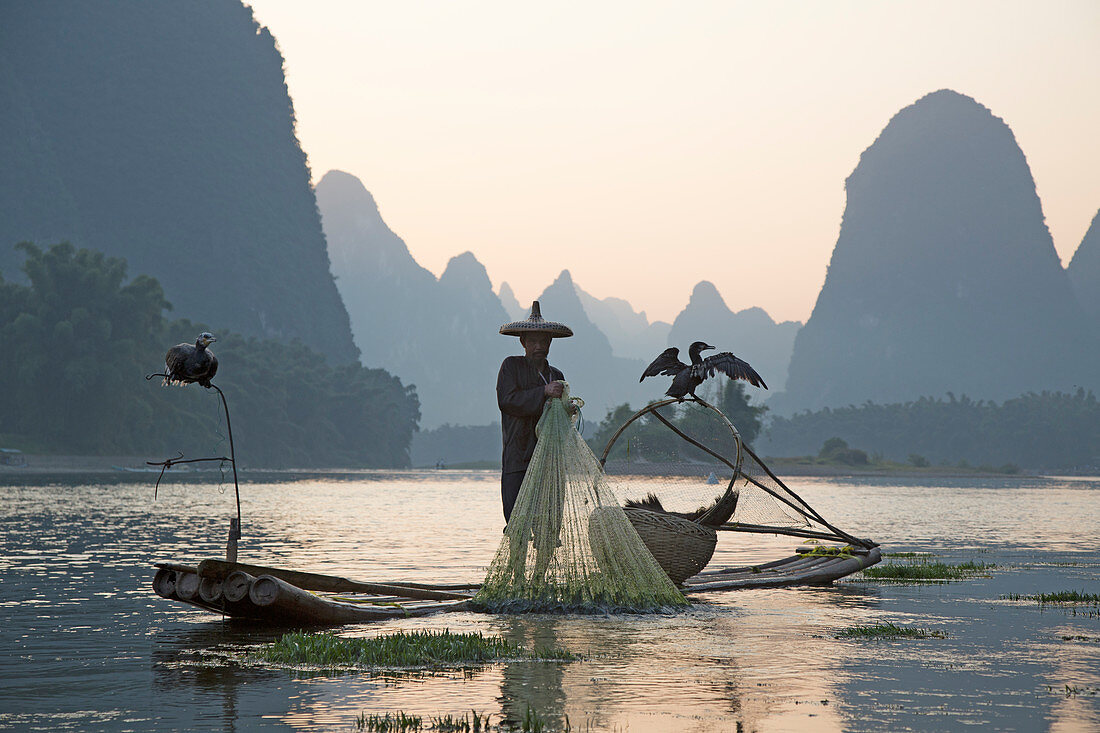 Cormorant Fisherman on River Li Guilin Region Guangxi, China LA008350