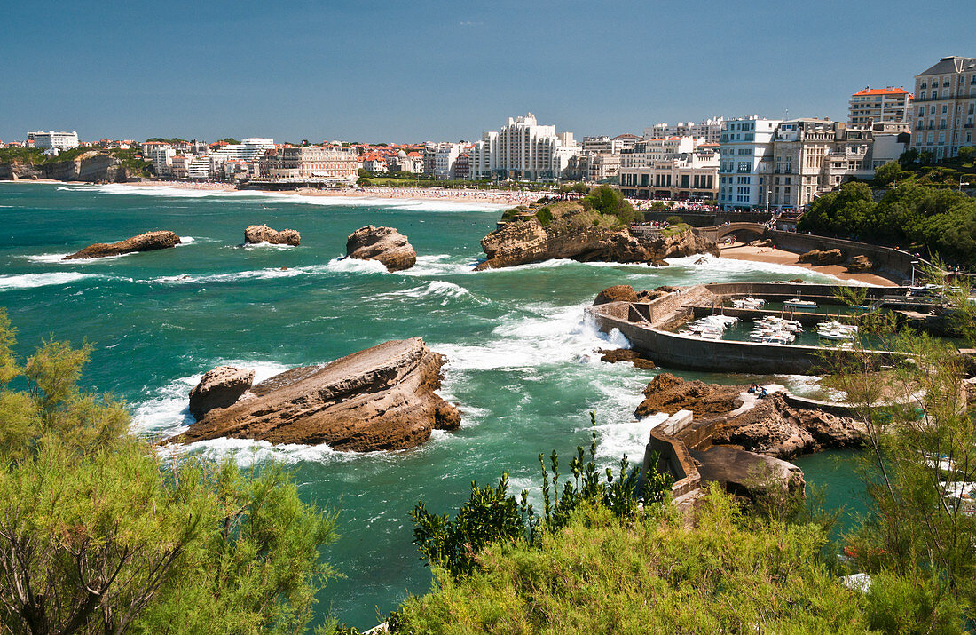 The old harbour, the seafront promenade and beach, Biarritz, France
