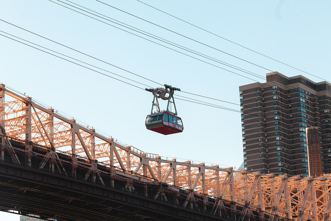 View of overhead cable car over Queensboro Bridge