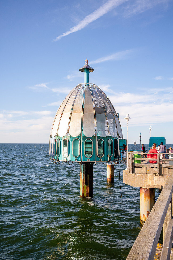 Diving bell pier in Zinnowitz with tourists, Usedom, Mecklenburg-Western Pomerania, Germany