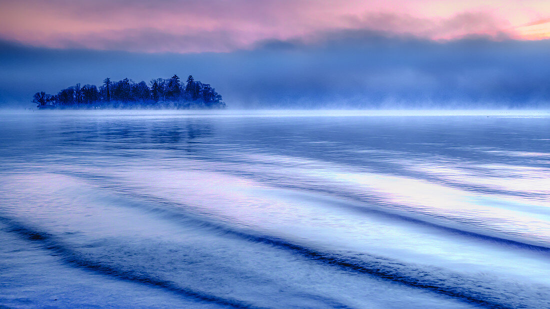 View of the Roseninsel at the blue hour in the morning, Lake Starnberg, Feldafing, Bavaria, Germany