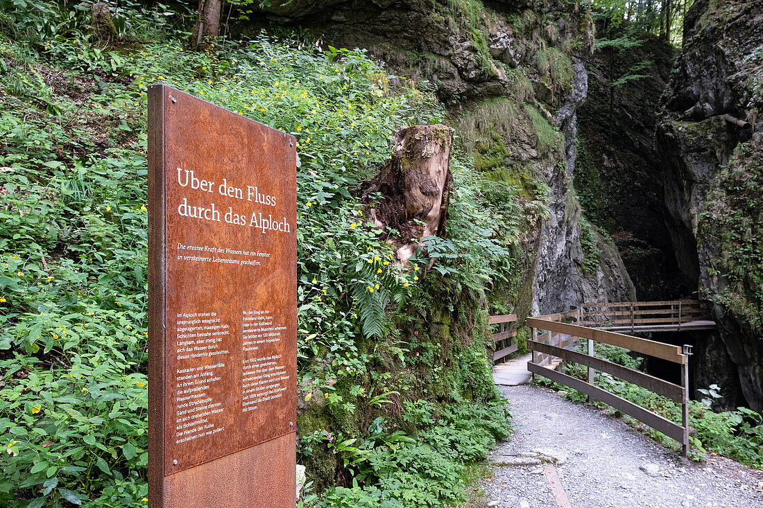Description board at the entrance to the Alploch on the hiking trail in the Rappenloch Gorge, Dornbirn, Vorarlberg, Austria, Europe