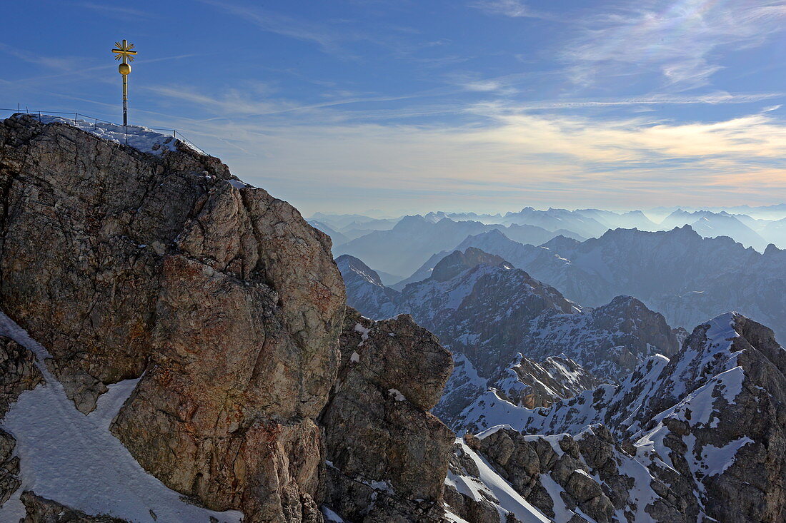 Cross of the east summit of the Zugspitze, Garmisch-Partenkirchen, Upper Bavaria, Bavaria, Germany