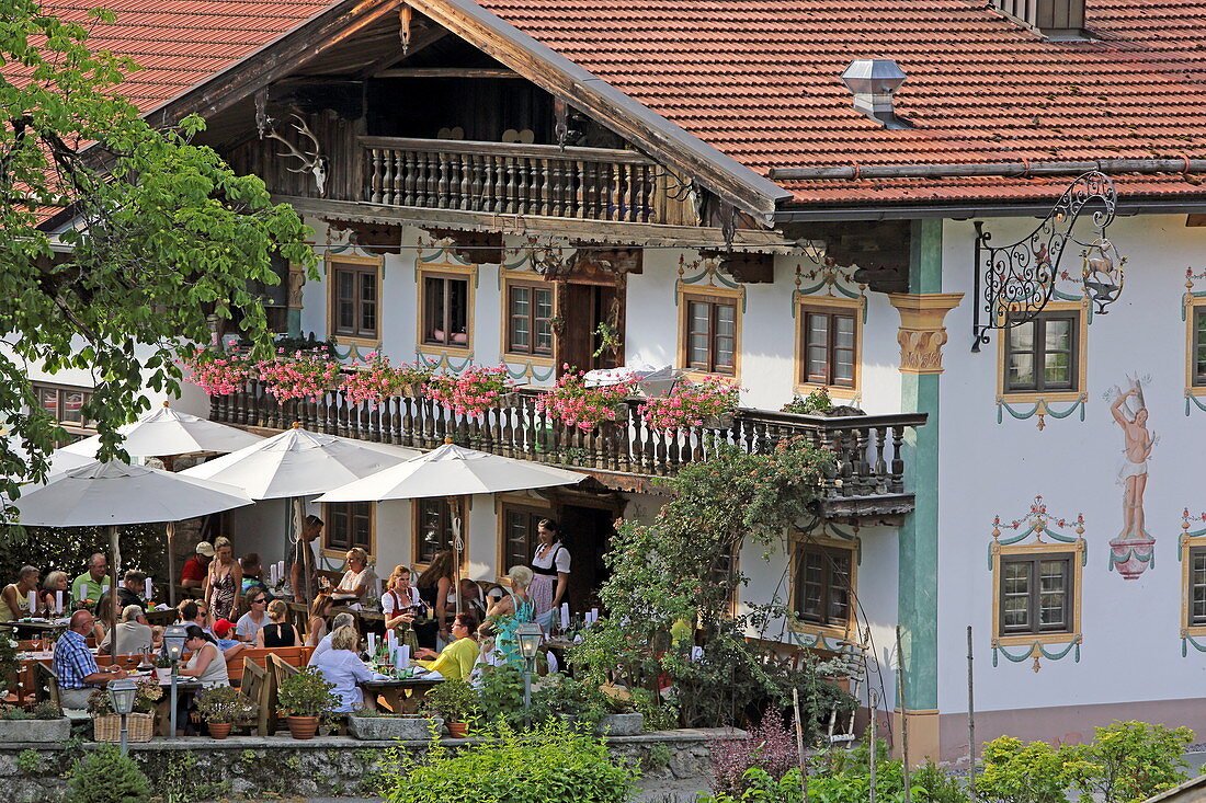 Terrace of the Ansitz zum Schmiedwirt restaurant, Elbach, Leitzachtal, Upper Bavaria, Bavaria, Germany