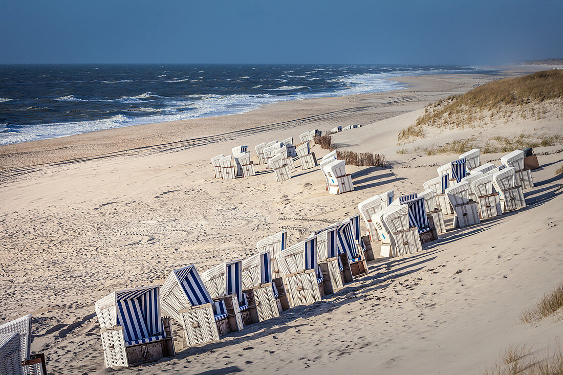 Beach chairs on the west beach of List, Sylt, Schleswig-Holstein, Germany