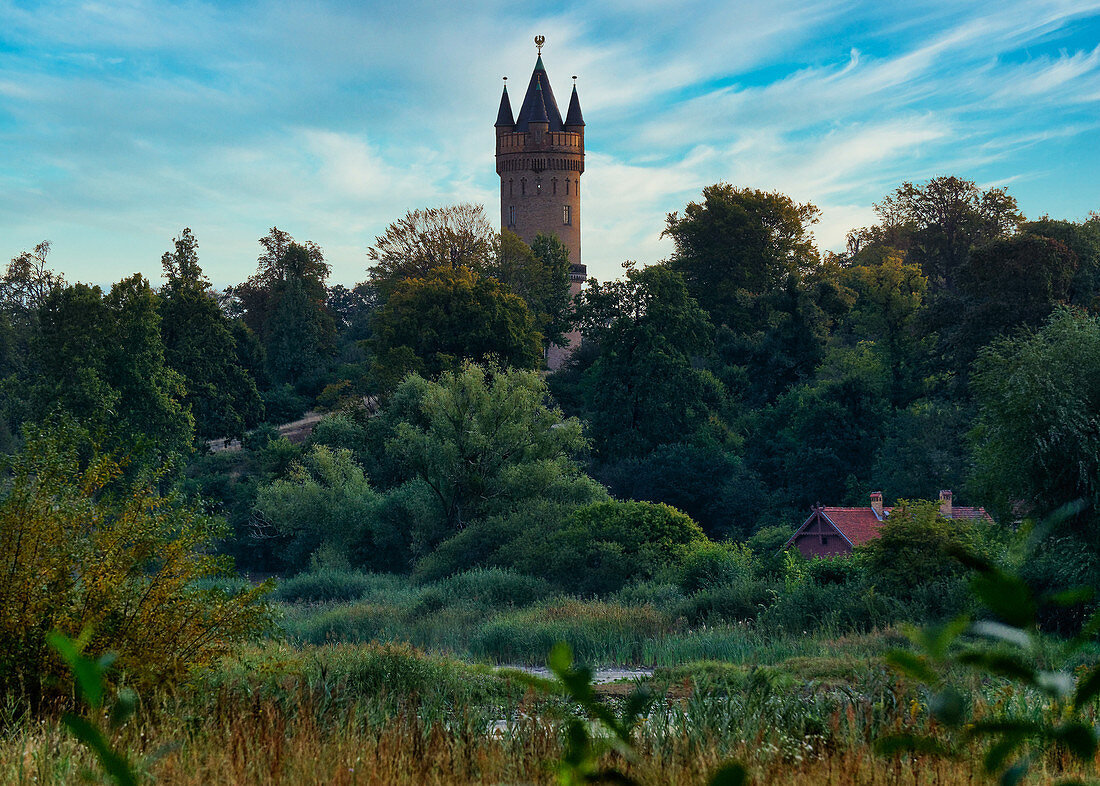 Kindermannsee, Flatow Tower and Hofgaertnerhaus, Babelsberger Park, Potsdam, State of Brandenburg, Germany