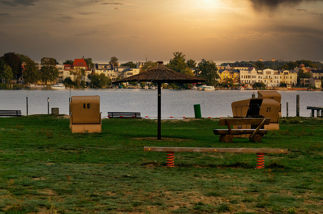 Swimming pool in Babelsberger Park, Tiefer See, Havel, Haeuser in Berliner Strasse, Potsdam, State of Brandenburg, Germany