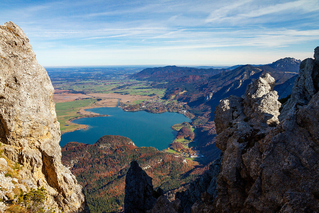 View from the Herzogstand to the Kochelsee, Upper Bavaria, Germany, Europe