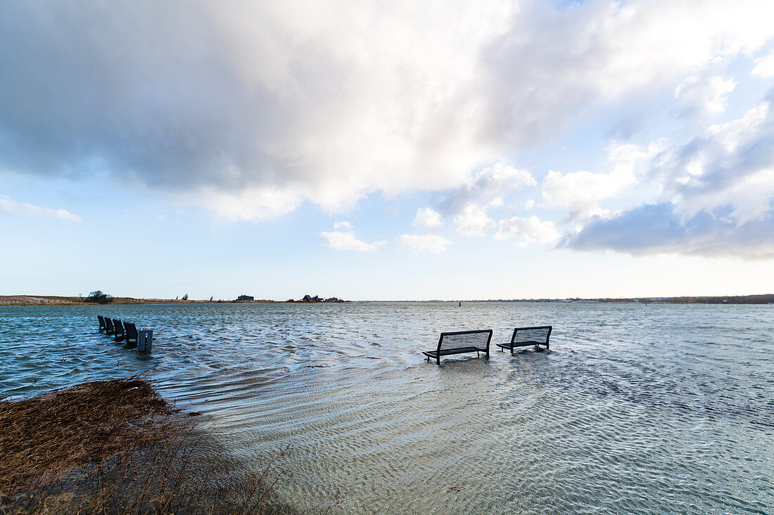 Benches in the Baltic Sea in front of Heiligenhafen, Ostholstein, Schleswig-Holstein, Germany