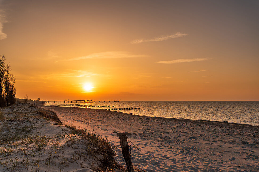 Sunset on the beach of Heiligenhafen, Baltic Sea, Ostholstein, Schleswig-Holstein, Germany