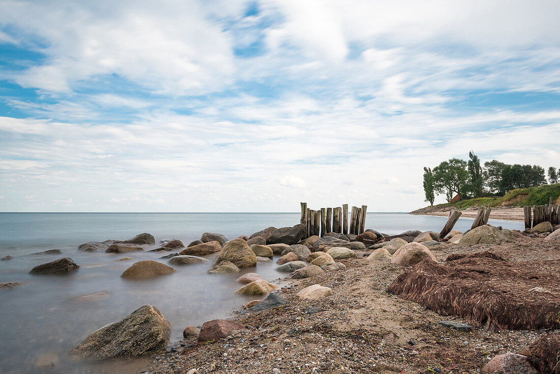 Groynes in the Dahmeshöved bay, Dahme, Baltic Sea, Schleswig-Holstein, Germany