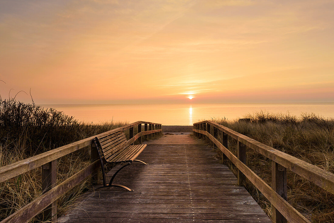 Bench at the beach crossing in Dahme, Baltic Sea, dunes, sunrise, Schleswig-Holstein