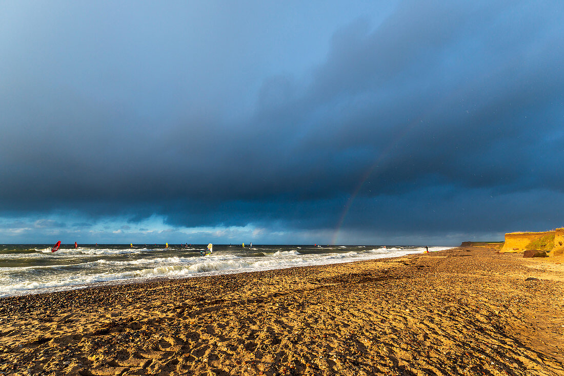 Dazendorf beach with a view of the steep coast, rainbow and kiter, Baltic Sea, East Holstein, Schleswig-Holstein, Germany