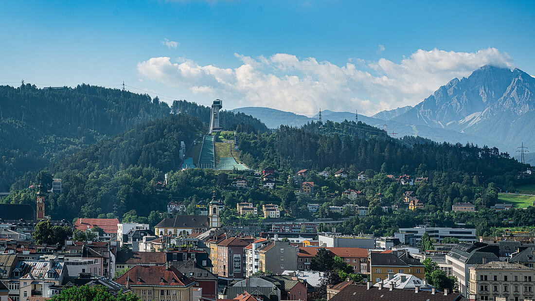 View from the city center to the Bergisel in Innsbruck, Tyrol, Austria