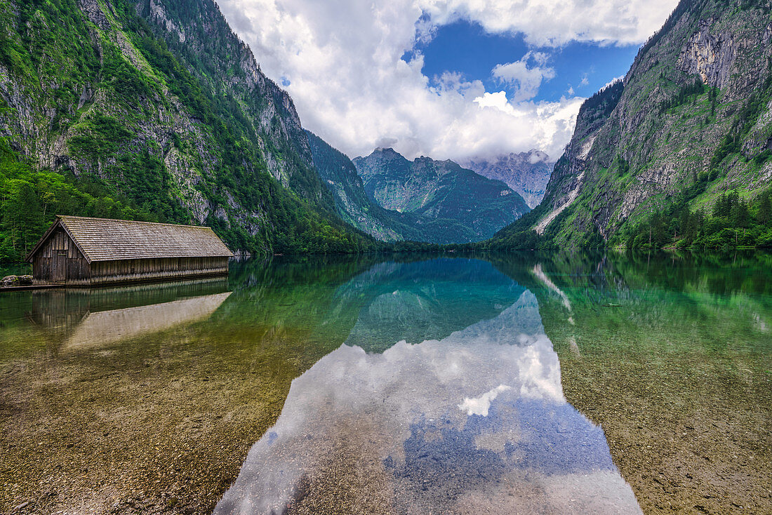 View over the Obersee towards Koenigssee from the Fischunkelalm in the Berchtesgadener Land in Bavaria, Germany