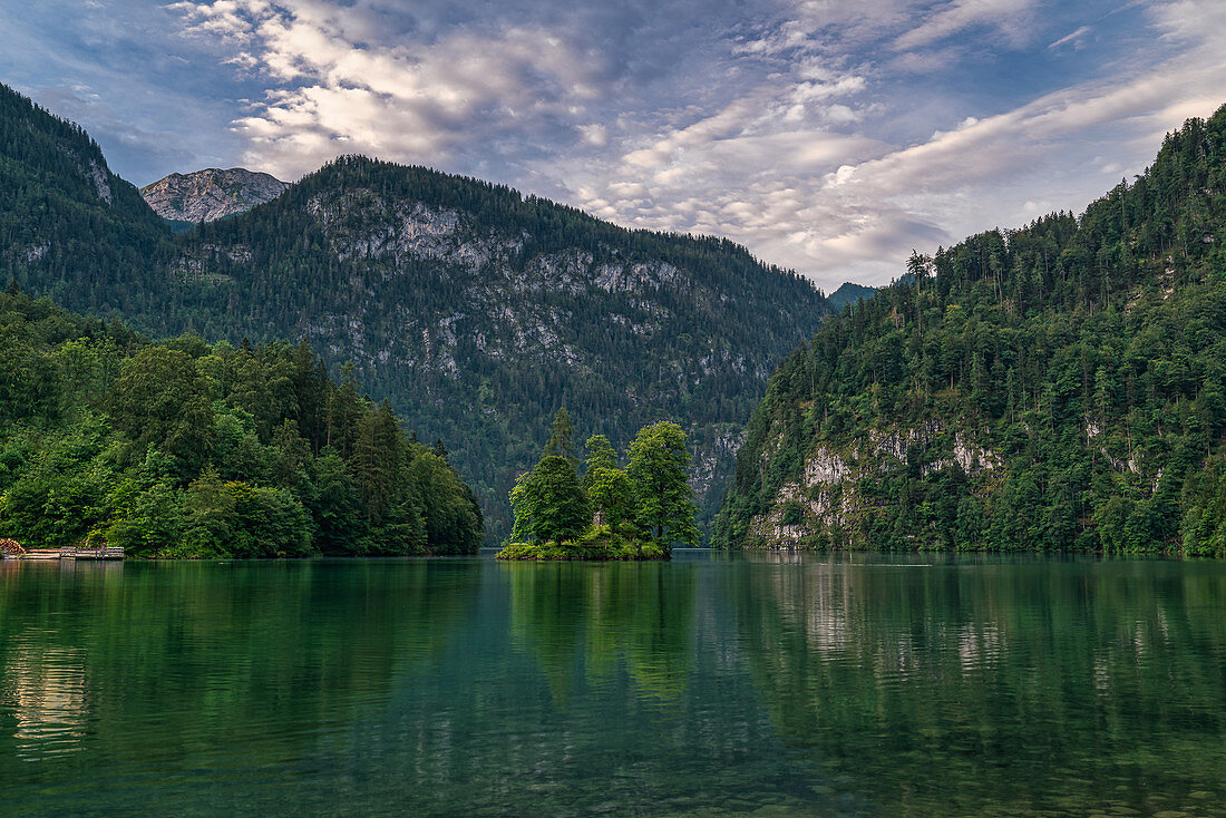 Early in the morning at sunrise at the Koenigssee in Berchtesgadener Land in Bavaria, Germany