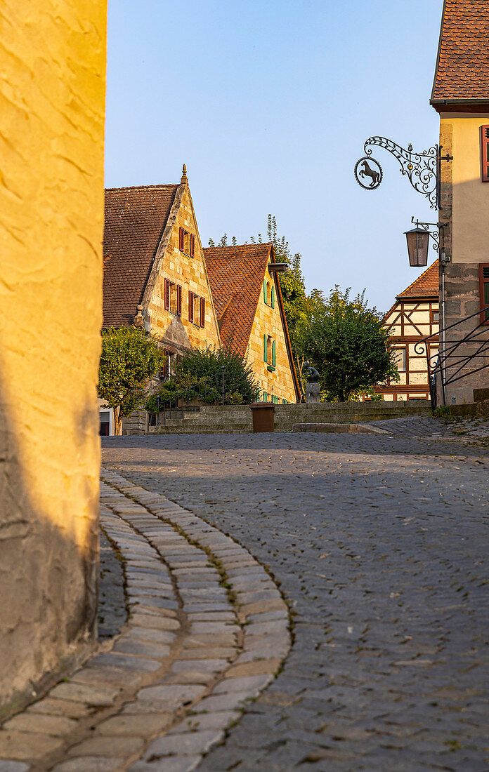 View of market square in the evening light, Cadolzburg, Franconia, Bavaria, Germany