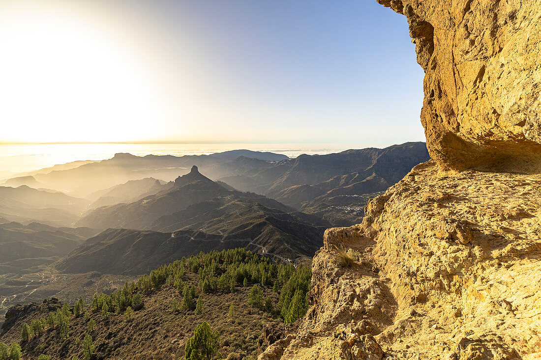 View from the &quot;Roque Nublo&quot; monolith in the high mountains of Gran Canaria (1813 m altitude) in the evening light, Spain
