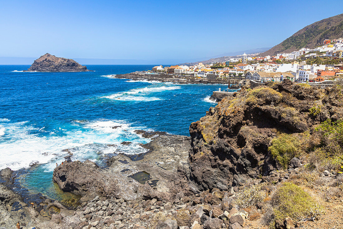 View of popular port town Garachico from lookout point, Tenerife, Spain