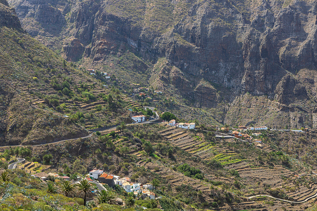 View over mountainous landscape with small villages in the Teno Mountains, Tenerife, Spain