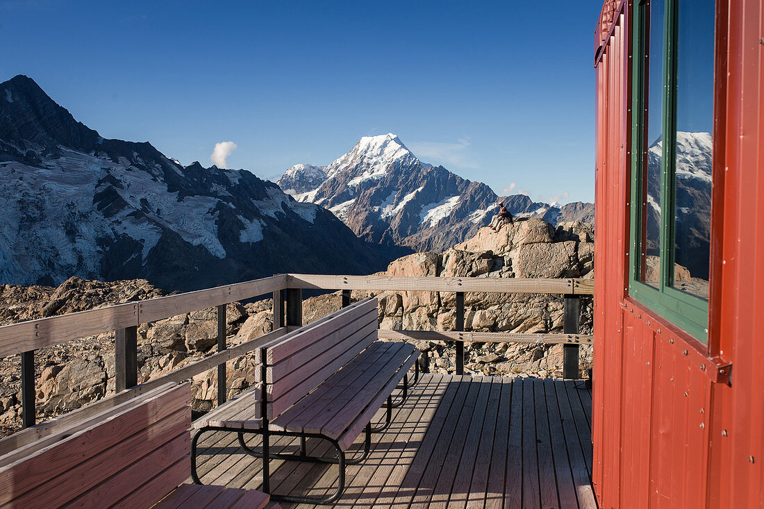 View of Mount Cook from the Mueller Hut in Aoraki Mount Cook National Park in Canterbury, New Zealand.