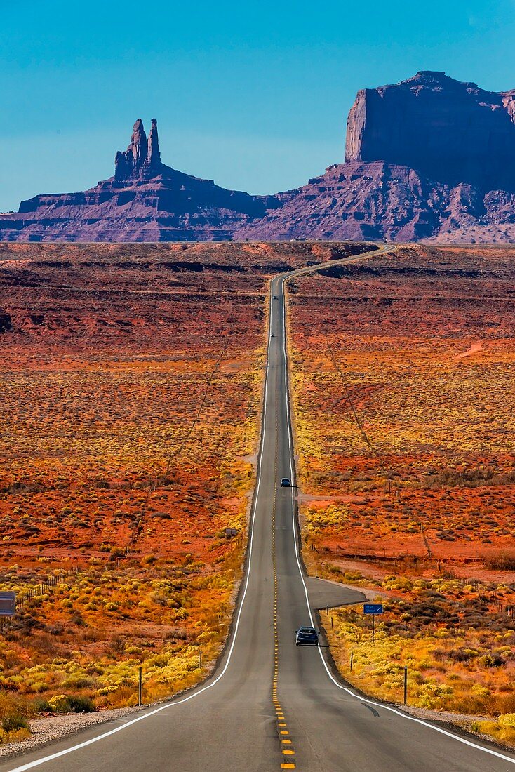 Dramatic view looking south on Highway 163 to the Monument Valley; near Mexican Hat, Utah USA.