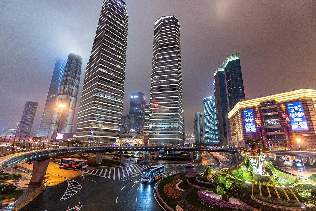 The luminous skyline of Shanghai, China at night.