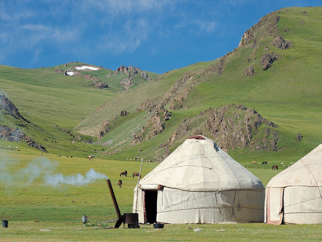 Yurts at lake Song Kol (Son Kul, Songkoel, Song-Koel).  Tien Shan mountains or heavenly mountains in Kirghizia. Asia, central Asia, Kyrgyzstan