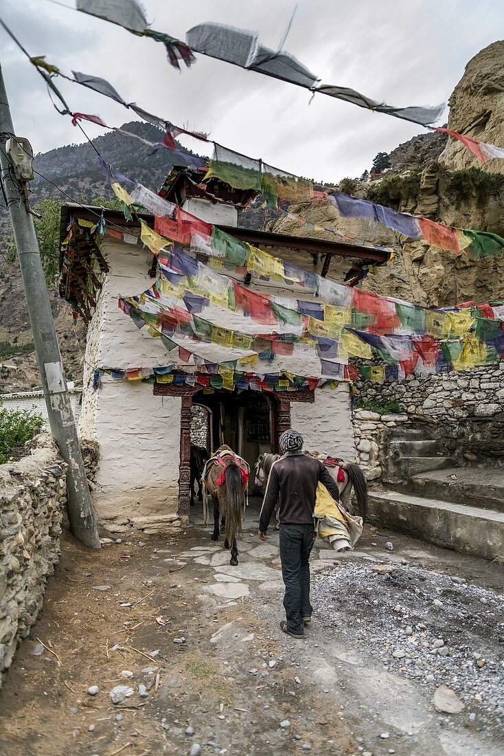 Noirthern entrance gate to Marpha, small village in Mustang district, Nepal