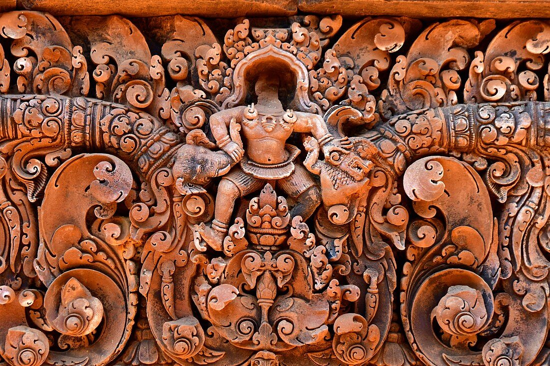 Stone carvings at Prasat Banteay Srei temple ruins, UNESCO World Heritage Site, Siem Reap Province,Cambodia,South East Asia.