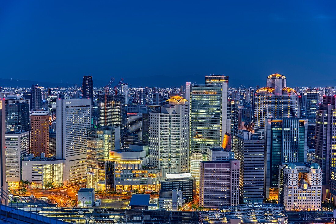 Osaka Japan. Aerial view of the city at dusk