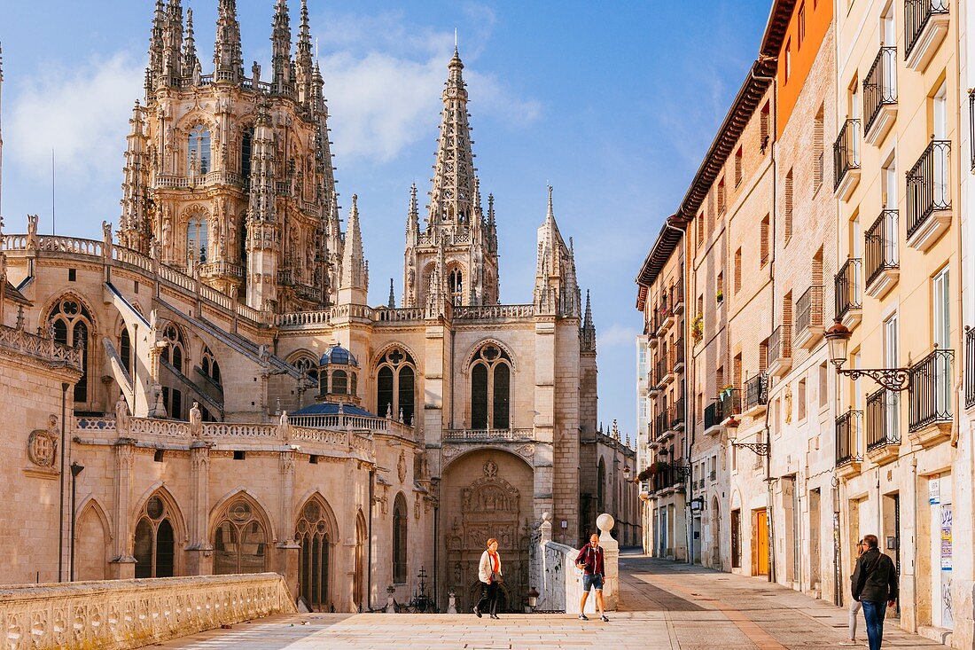 Die Katherdrale Santa Maria in Burgos, Blick von der Fernán González Straße, Burgos, Kastilien und Leon, Spanien, Europa