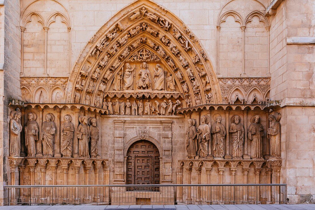 The Cathedral of Saint Mary of Burgos. Facade and Door of the Coronería o Gate of the Apostles. Burgos, Castile and Leon, Spain, Europe