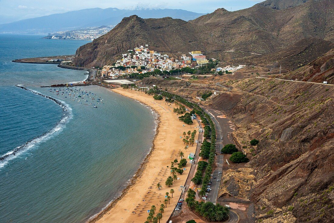 Aerial view and panoramic view of Teresitas Beach and San Andres, Canary Islands, Spain