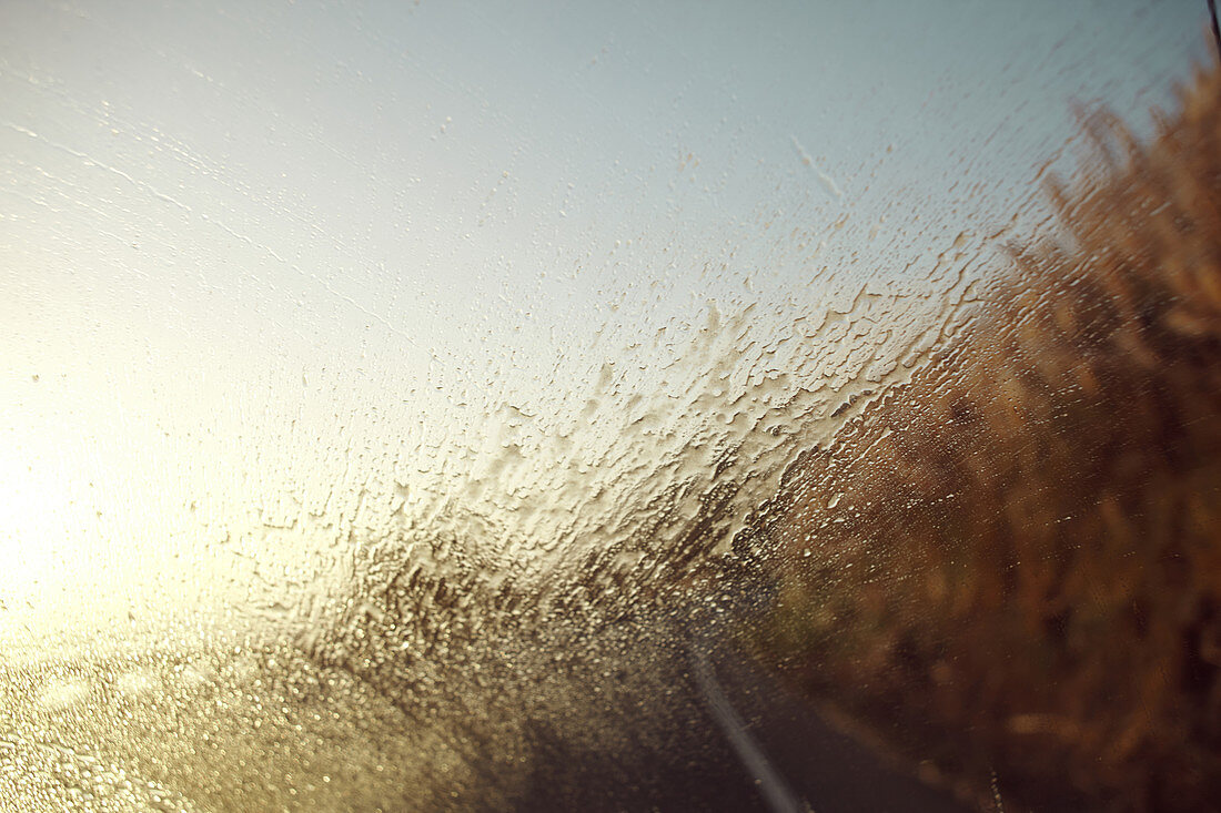 Wet windshield at Big Sur on Highway 1, California, USA.