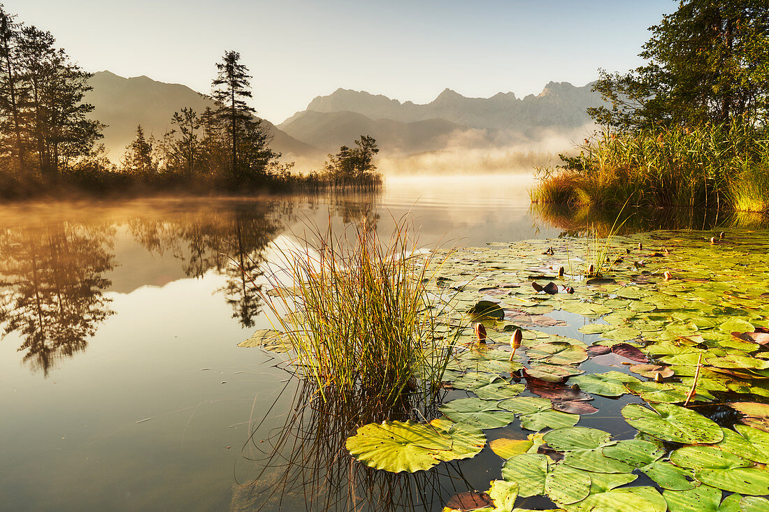 Sonnenaufgang am Barmsee mit Blick Richtung Karwendelmassiv, Bayern, Deutschland.