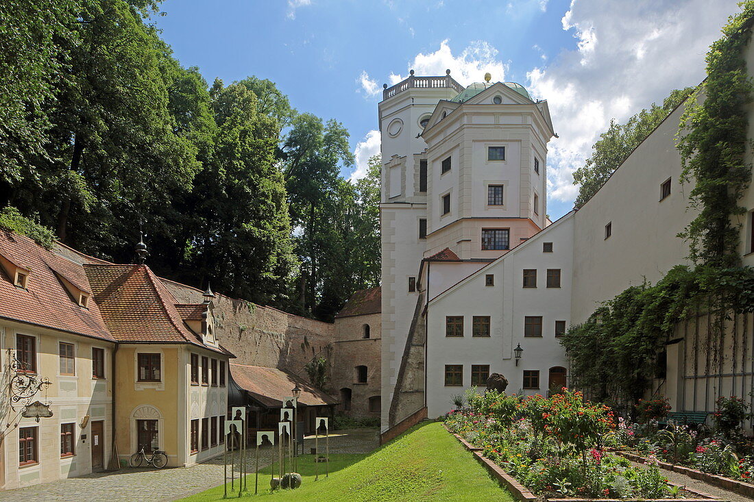 Large and small water tower in the Handwerkerhof, Augsburg, Swabia, Bavaria, Germany