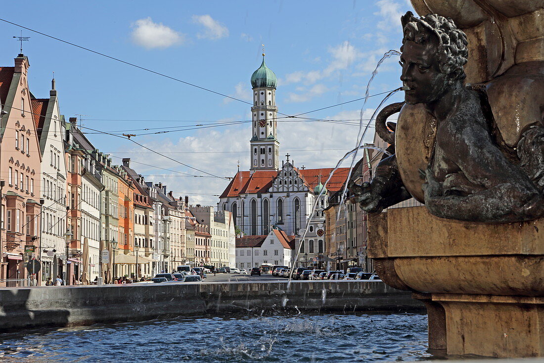 Herkulesbrunnen and St. Ulrich Church, Maximilianstrasse, Augsburg, Swabia, Bavaria, Germany