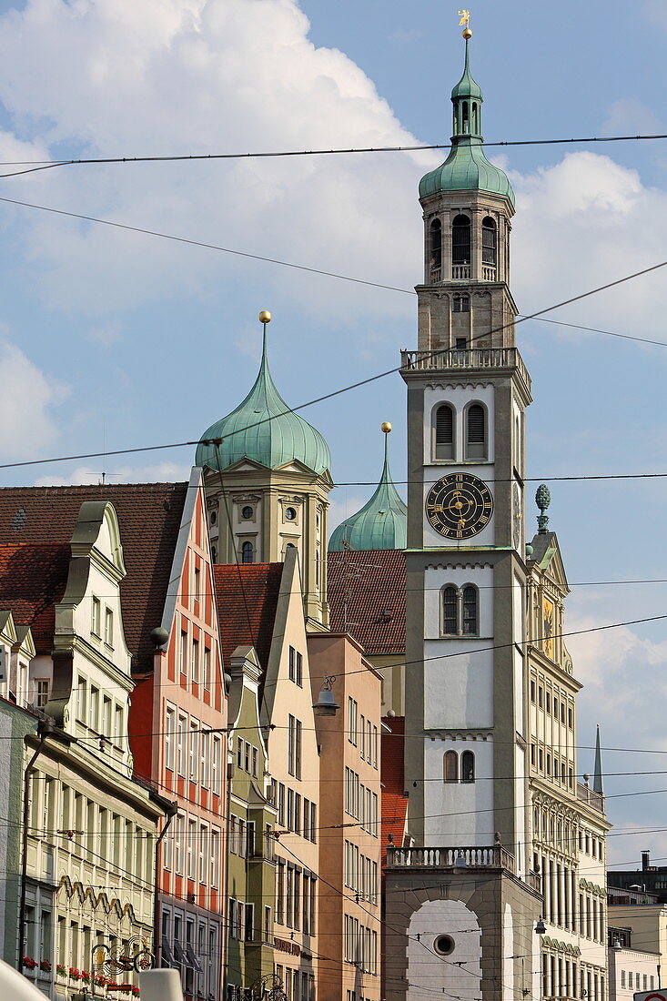 Perlachturm und Fassade des Rathaus, vom Dom aus gesehen, Augsburg, Schwaben, Bayern, Deutschland