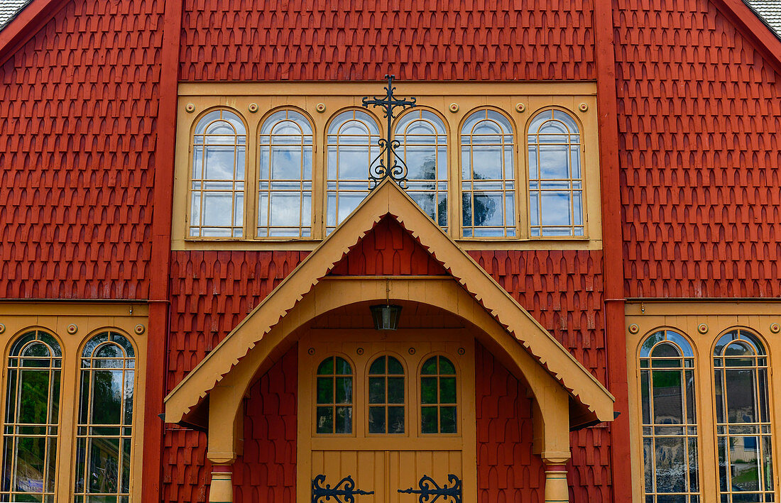 Entrance to the historic wooden church in Kopparberg, Orebro Province, Sweden