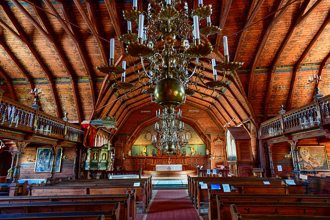 Interior view of the old wooden church with gallery and altar in Kopparberg, Örebro province, Sweden